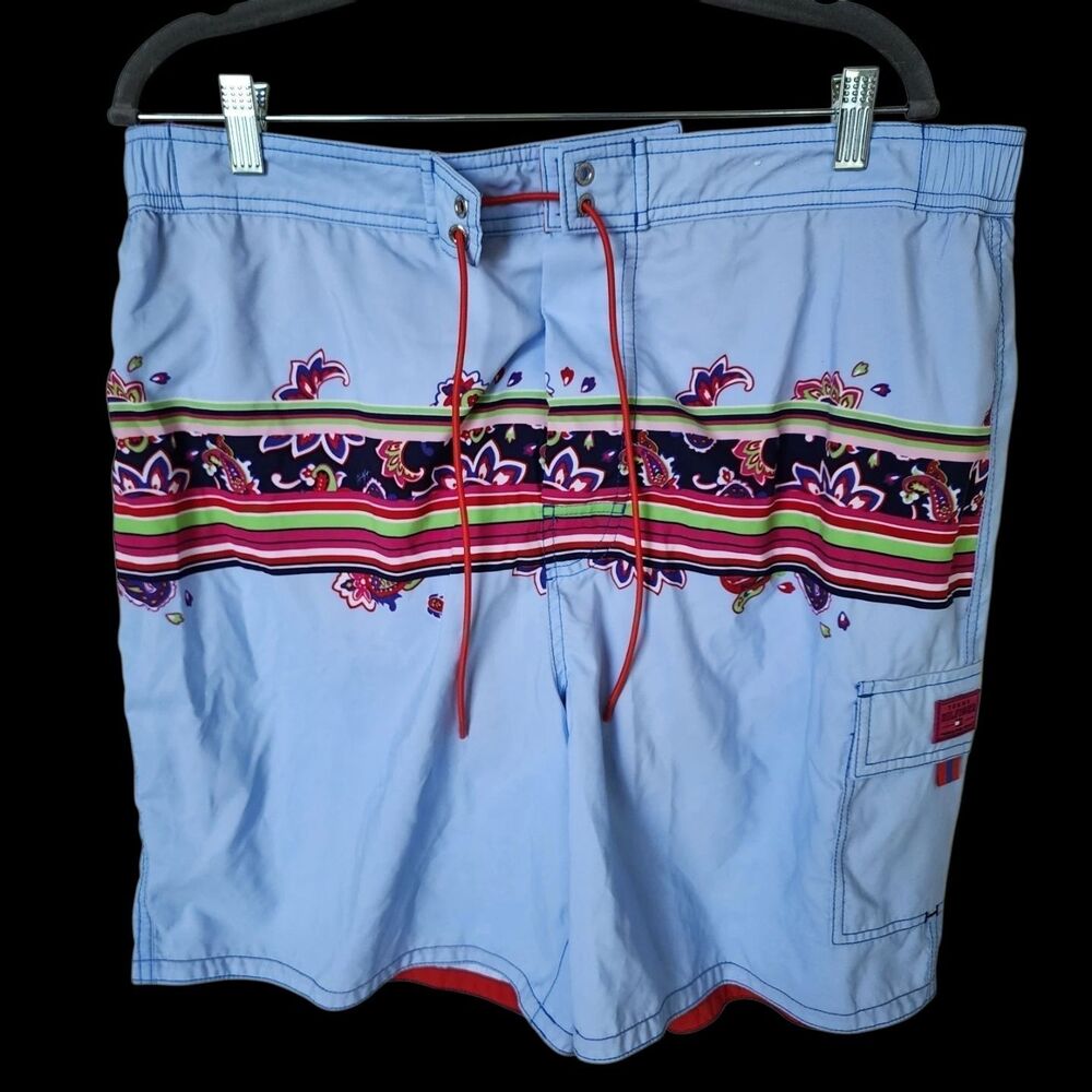 Vintage Tommy Hilfiger Swim Trunks XL Light Blue Paisley Stripe Board Shorts